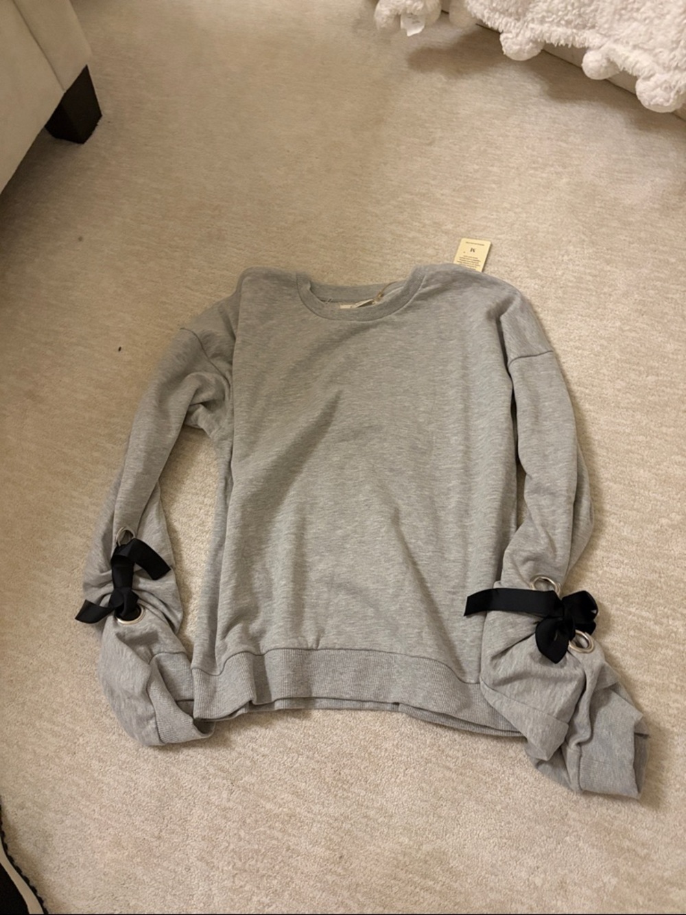 Elan Gray Crewneck Sweatshirt with Black Ribbon Sleeve Ties